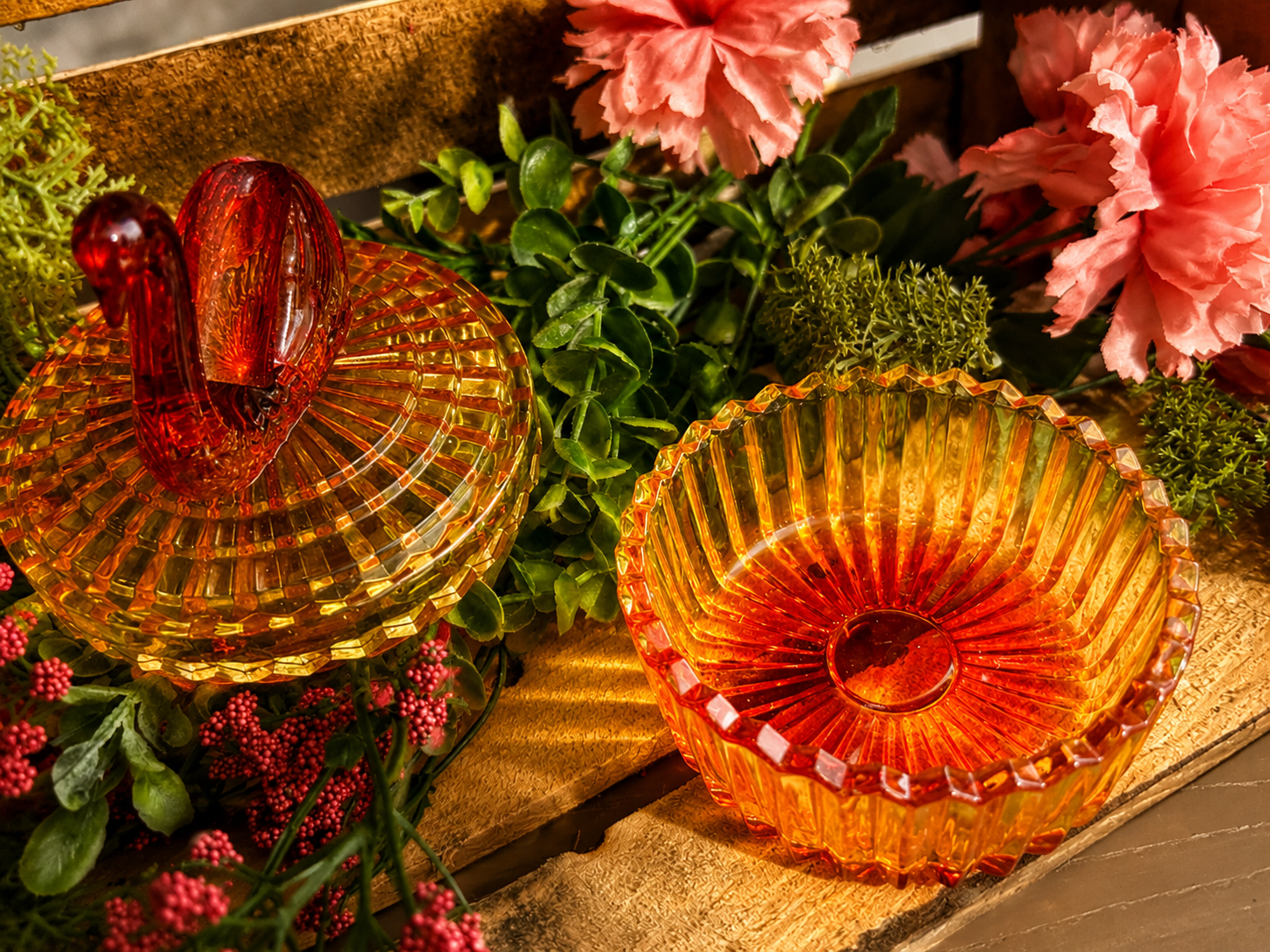 Vintage Amber Swan Glass Covered Candy Dish
