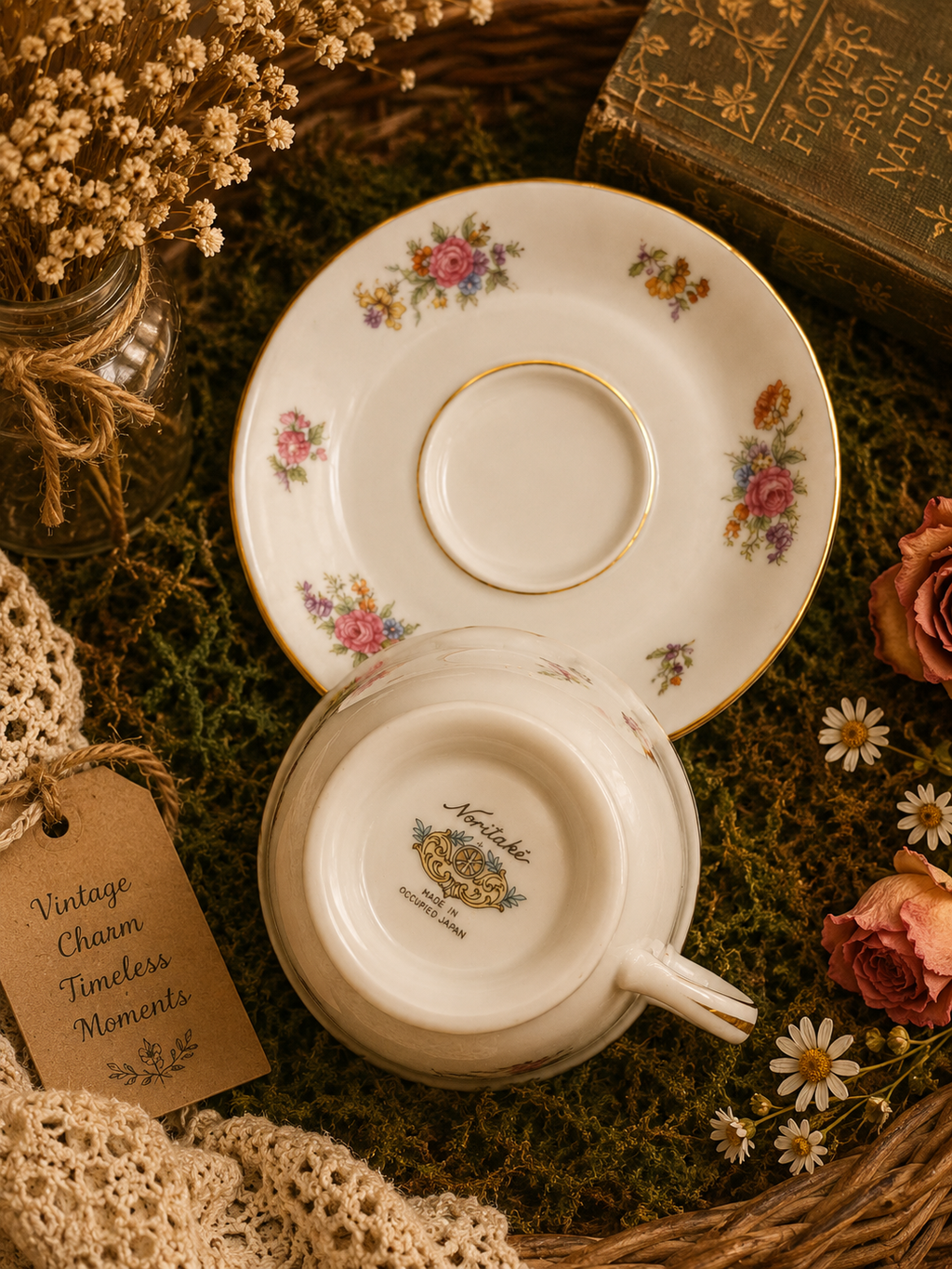 Vintage Noritake Floral Teacup & Saucer Set Soy Candle