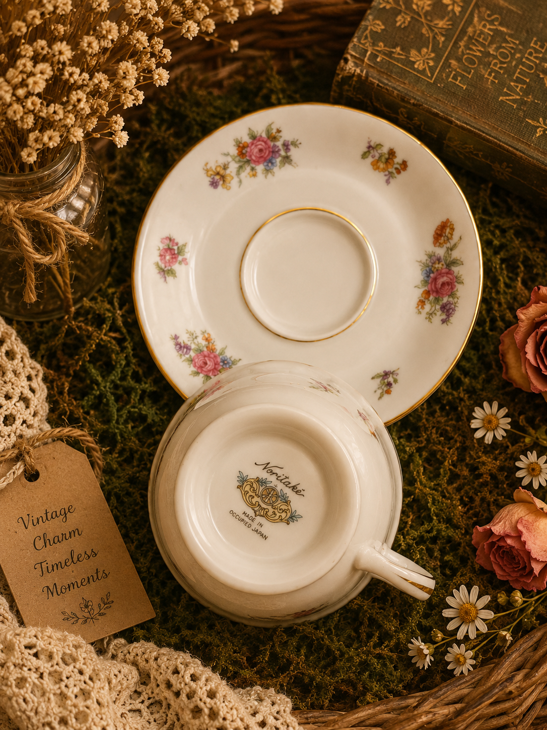 Vintage Noritake Floral Teacup & Saucer Set Soy Candle