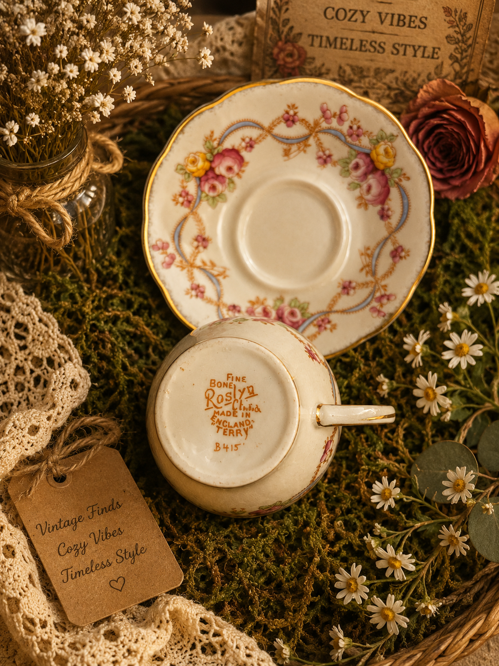 Vintage Roslyn Fine Bone China Teacup & Saucer – Made in England