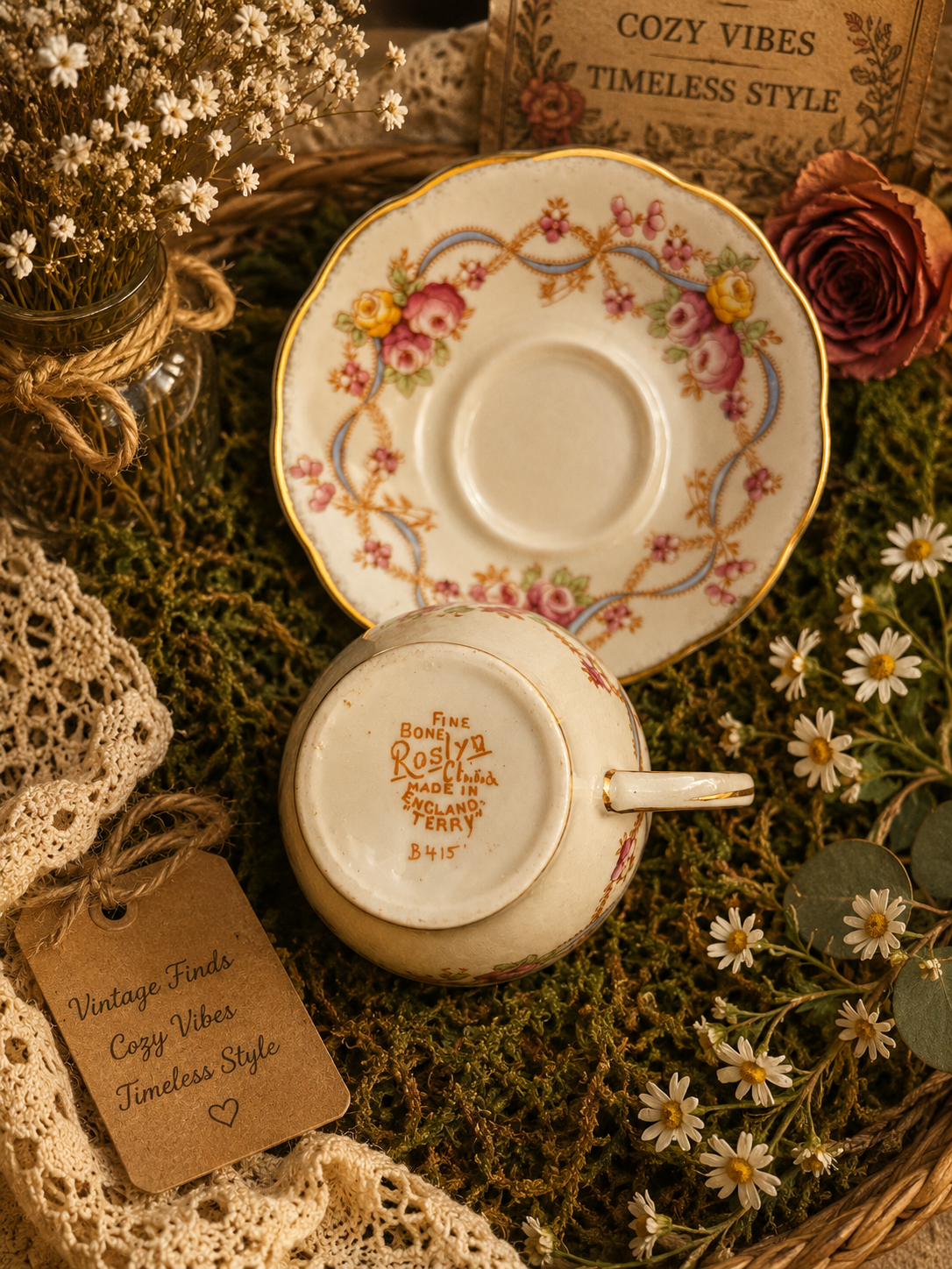 Vintage Roslyn Fine Bone China Teacup & Saucer – Made in England