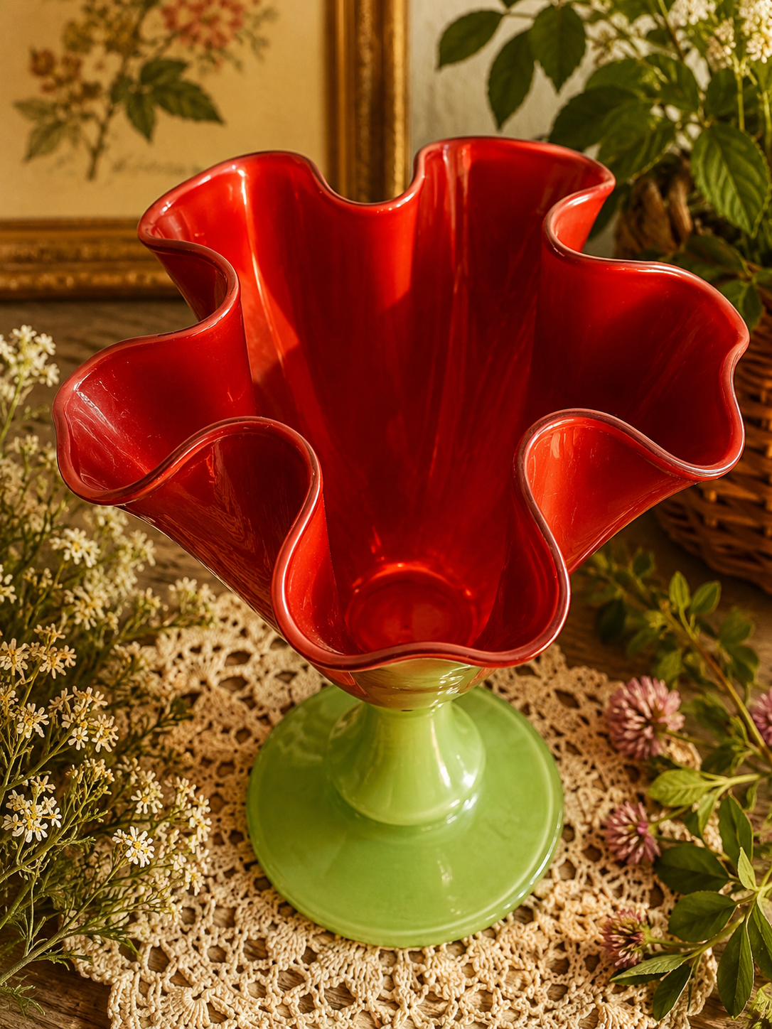 Vintage Red & Green Art Glass Tulip Vase