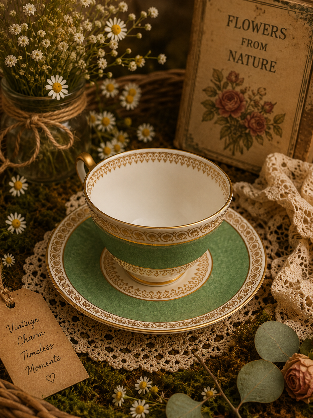 Vintage Green & Gold Fine Bone China Teacup Set
