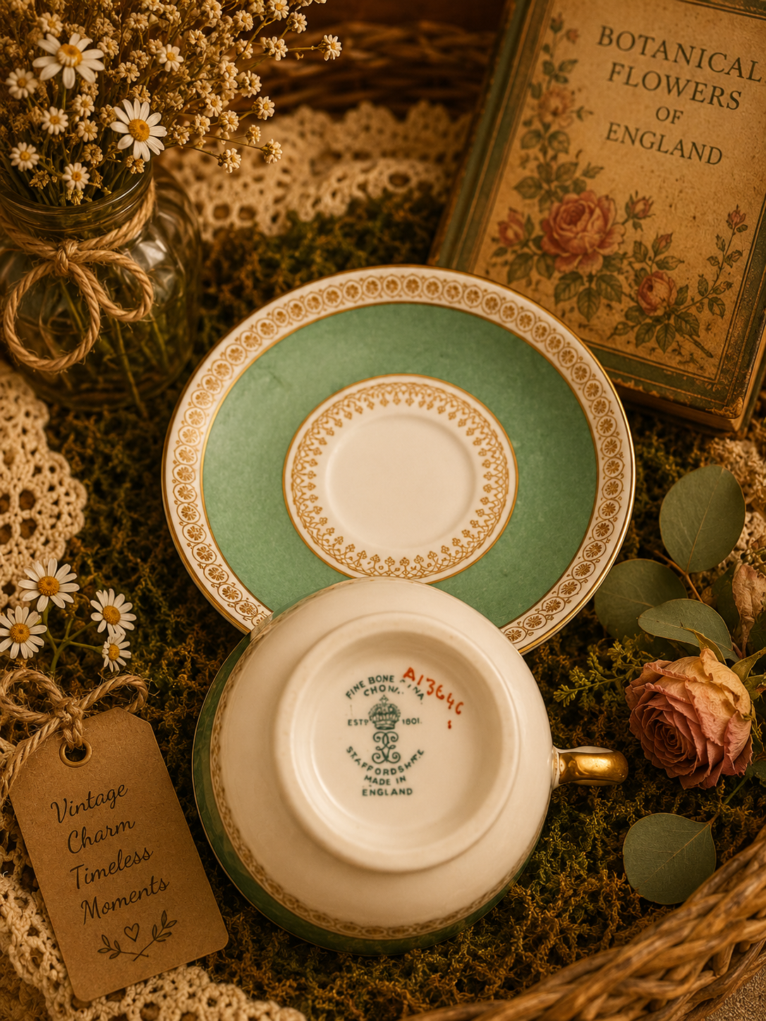 Vintage Green & Gold Fine Bone China Teacup Set